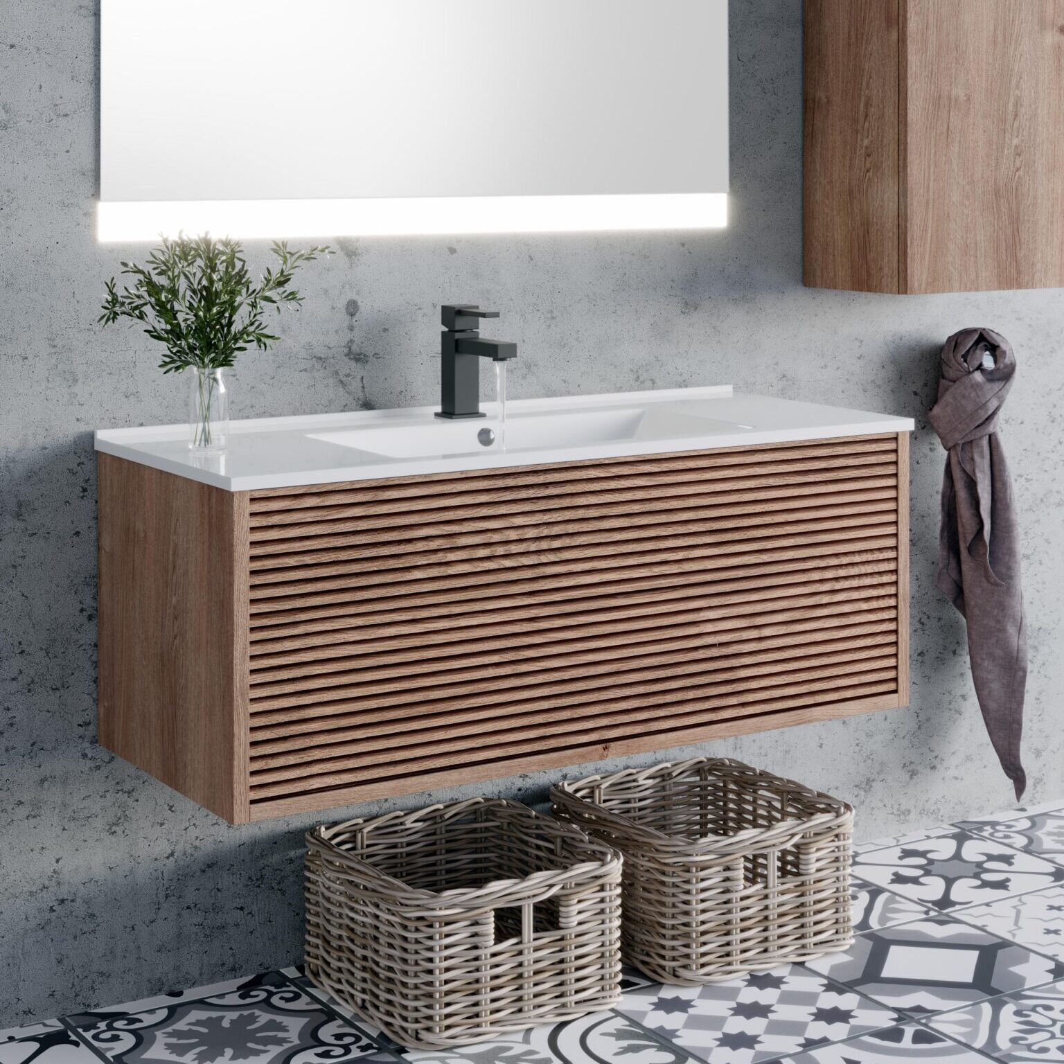 CORCEGA 80-100 FRENTE RAYAS MARRONES COSTADO ROMANCE mueble de lavabo café, marrón, porcelana, grifería negra para baños