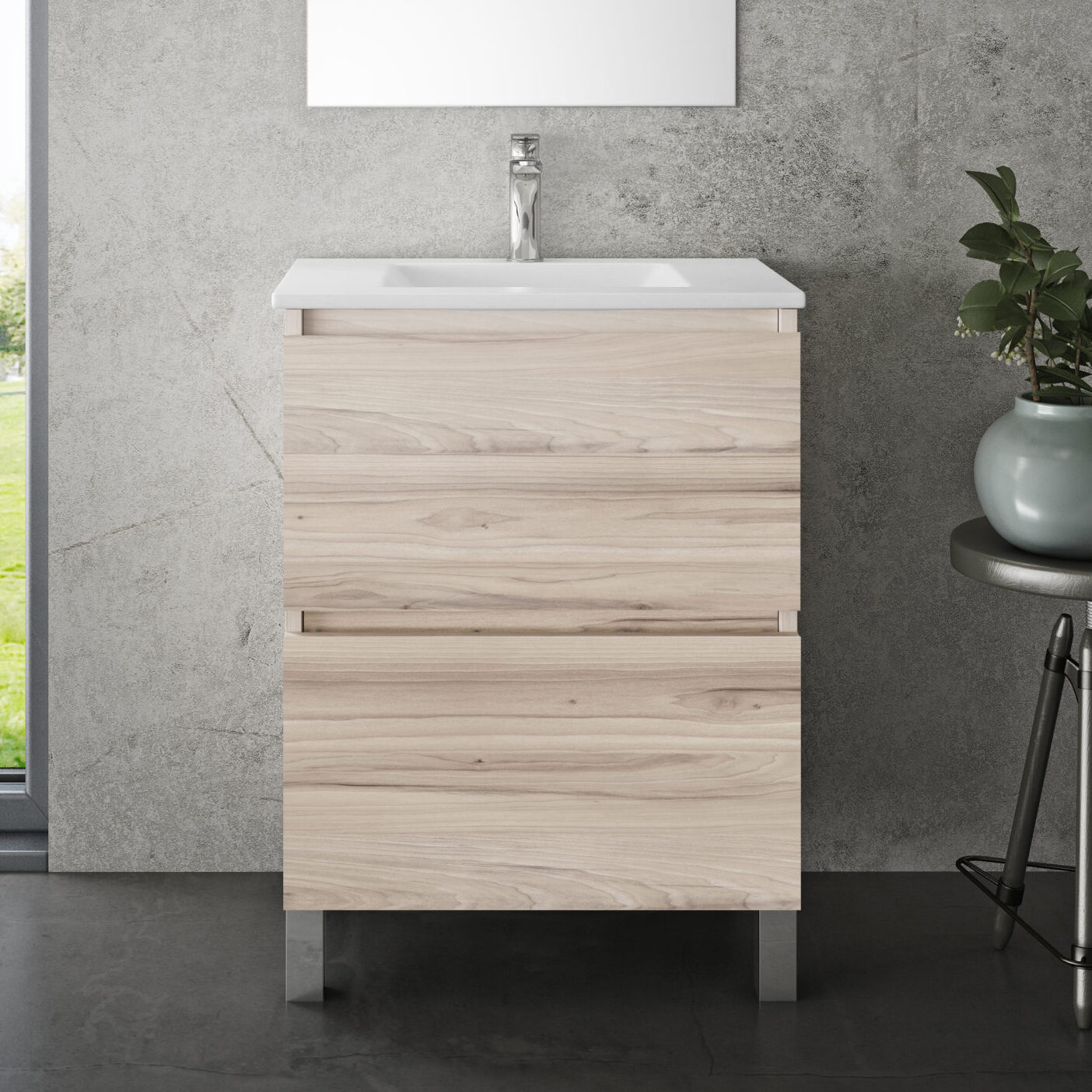 TRIESTE 50-60 CMS 2 CAJONES 230754_comp05_152_ref penny-1 Mueble de lavabo para baños color madera clara, encimera blanca y griferia color cromo