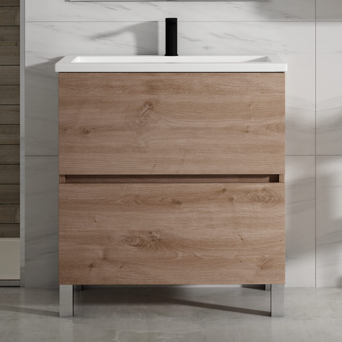 TRIESTE 75 x 50 Mueble 2 Cajones con Lavabo KLOC 75 x 50 230754_comp06_152_ref penny Mueble de lavabo para cuarto de baño, encimera de porcelana, grifería negra
