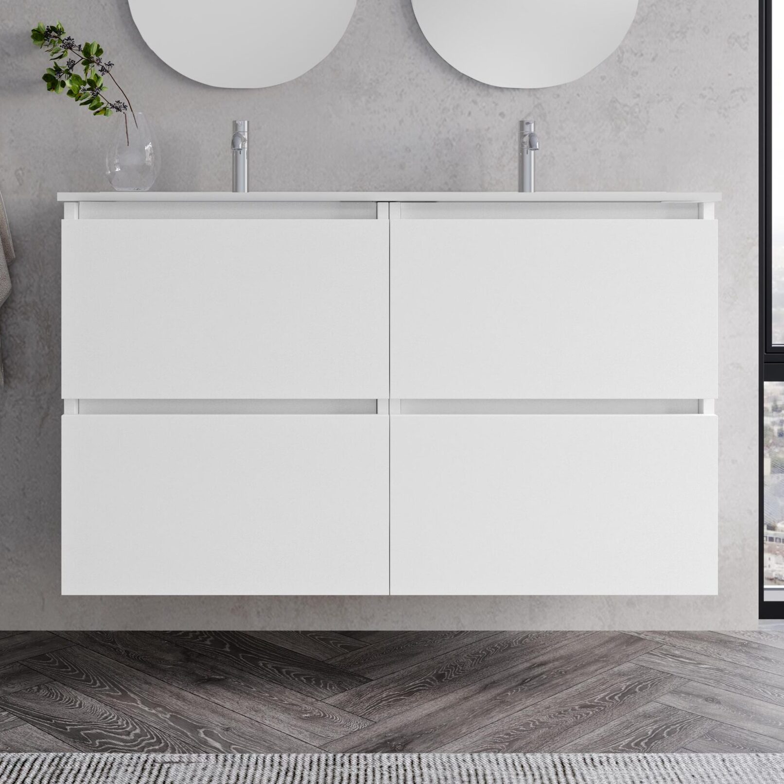 TRIESTE BLANCO MUEBLE DE LAVABO MADRID Mueble de lavabo para baño color blanco, con encimera de porcelana, griferia color cromo